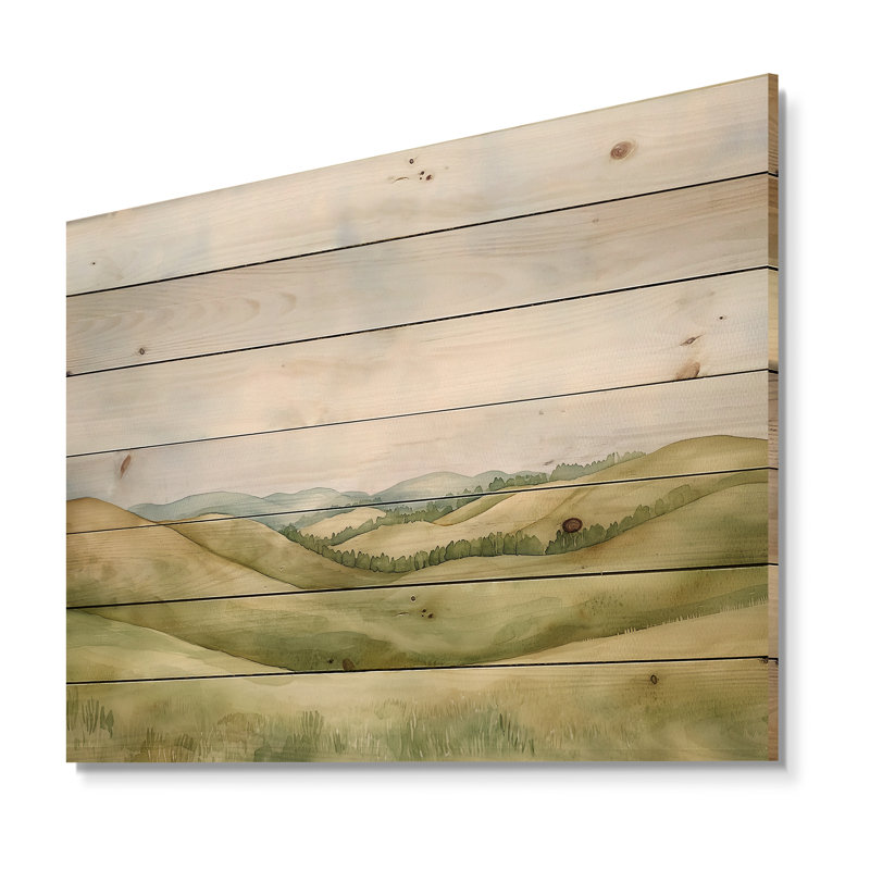 Rolling Hills In The Prairies I - Paysage traditionnel, art mural sur bois de pin naturel, H 30 po x l 40 po