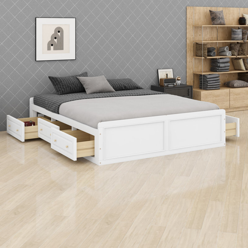 Base de lit plateforme moderne en bois, comprend 6 tiroirs de rangement pour un maximum d'espace, Blanc
