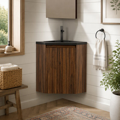 Meuble-lavabo d'angle mural avec lavabo, 56 cm (22 pouces), 1 porte, finition noyer et résine noire, meuble suspendu triangulaire