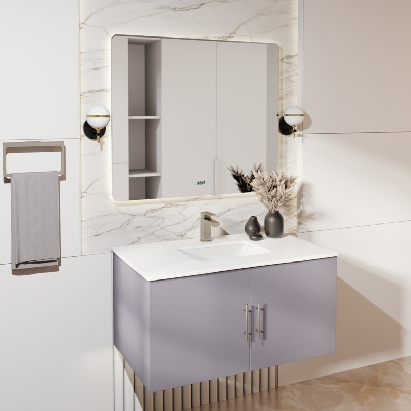 Meuble-lavabo simple 24 po avec plateau Geneva, Gris foncé, Marbre de culture blanc