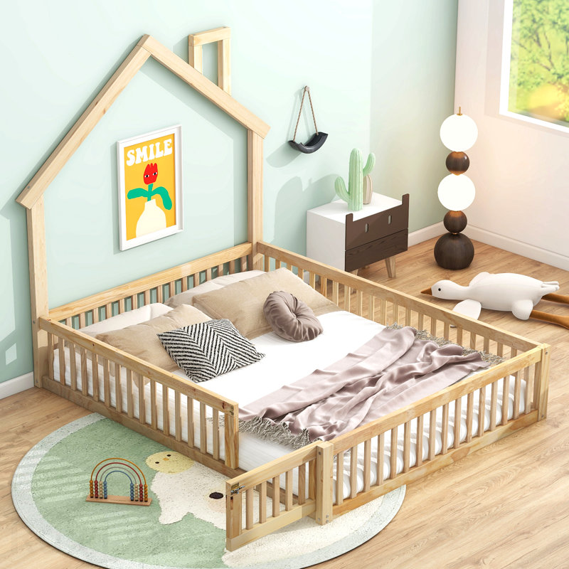 Lit plateforme en bois pleine grandeur avec garde-corps, naturel, Natural