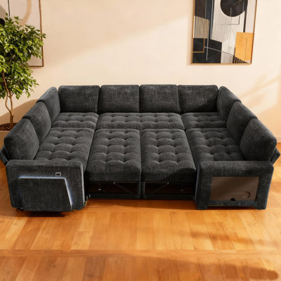 102Inch U-Shaped 8-Seater Sleeper Sofa, Chenille Fabric, Adjustable Backrest 100°-160°, Pull-Out Beds & Storage, Usb Charging, Led Night Light, Foldable Side Table, Tool-Free Assembly