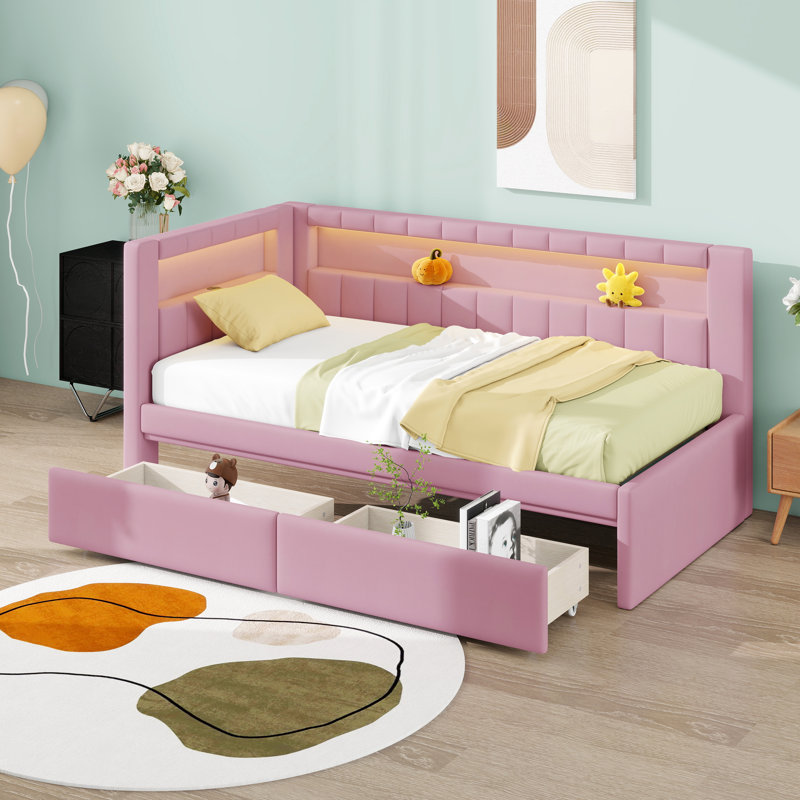 Upholstered Platform Daybed With Two Storage Drawers, Upholstered Bed Frame With USB, Pink