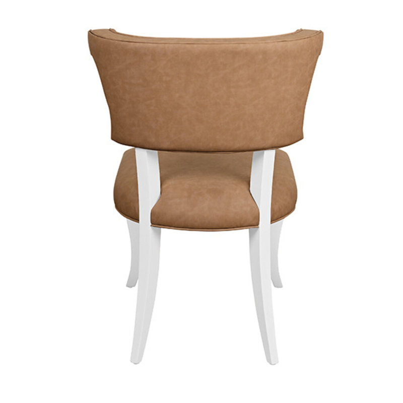 Round Back Dining Chair With Matte White Lacquer Legs Upholstered In Camel Faux Leather