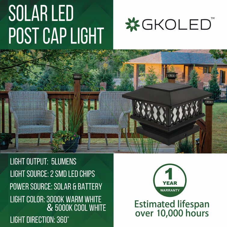 GKOplus Plastic Low Voltage Solar Powered Integrated LED Fence Post Cap  Light 3.5 In. X 3.5 In. with Base Adapter Included Pack  Reviews Wayfair