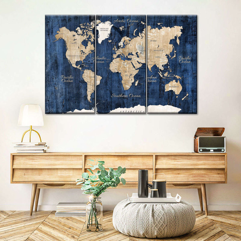 Carte du monde en bois texturé sur toile, ensemble de 3 pièces, H 24 po x l 38 po x P 1,25 po