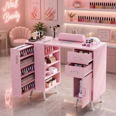 Table de manucure de 55 pouces avec collecteur de poussière, bureau à ongles professionnel avec tiroirs et repose-poignet pour salon de beauté rose