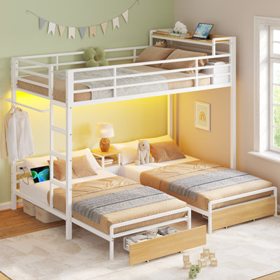 Twin Over Twin Bunk Bed With Storage Drawers And Charging Station, Bed With Led Light,Triple Metal Bunk Bed With Storage Shelves And Box,3 Beds With G by Isabelle & Max
