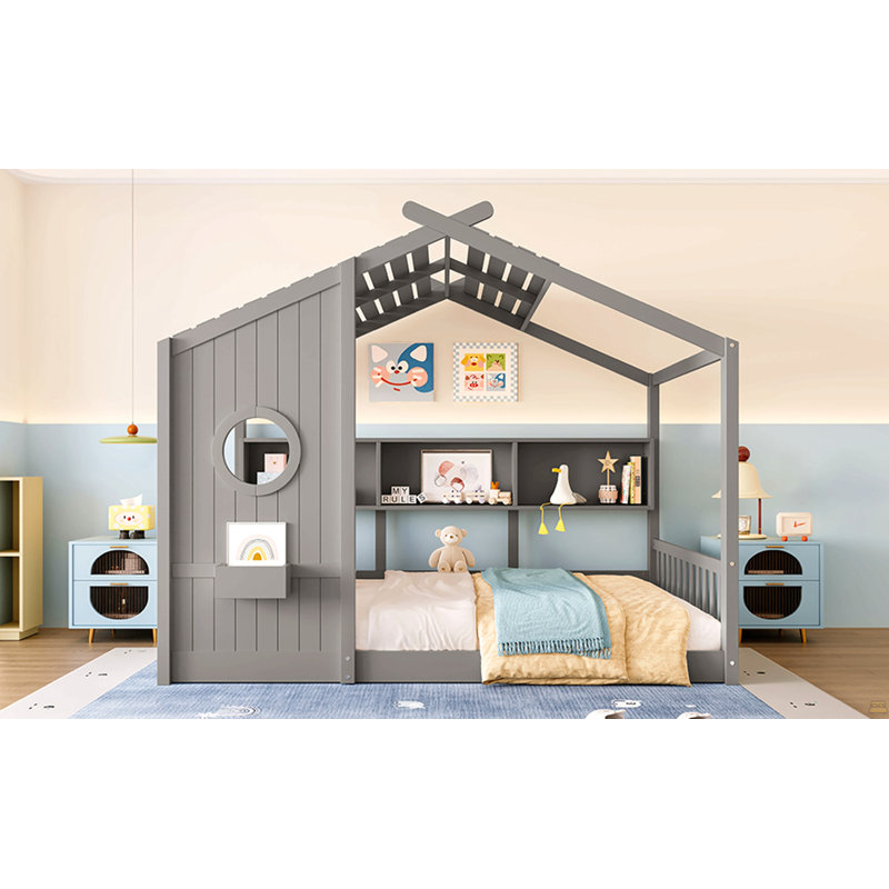 Lit double pleine grandeur pour enfant, lit Montessori pour enfants avec tablette de rangement