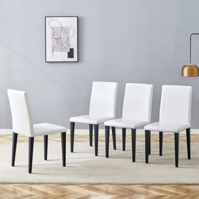 Set of 4 White PU Dining Chairs: 35.4" High, 18.5" Ergonomic Backrest, 17"×16" Sponge Seat, Perfect for Dining Room, Home Office & Living Space, Stylish & Comfortable.Black Metal Leg.