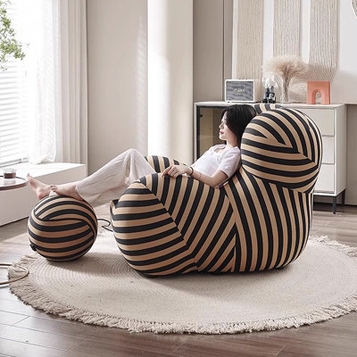 Méridienne rayée ergonomique incurvée avec repose-pieds sphérique assorti, chaise d'appoint de loisirs en éponge à haute élasticité solide sans cadre pour le salon de la chambre à coucher