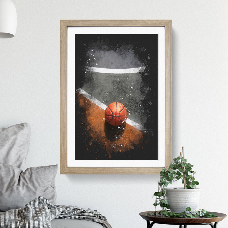 Basketball Court Paint Splash - Picture Frame Graphic Art, Oak, 48cm H x 36cm W x 2cm D