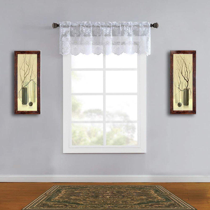 Mohit Floral Lace Kitchen Valance Curtain. 60" Wide by 18" Long in 3 Colors, White