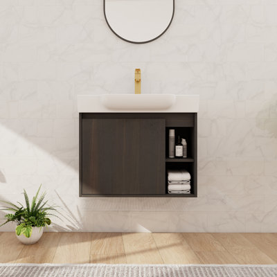28" Bathroom Vanity Set, Single Wall Mounted Bathroom Vanity With Ceramic Basin Sink Top, Floating Vanity With 1 Door And Shelf