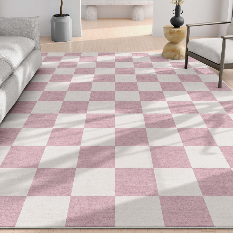 Tapis rose en polyester tissé à la machine Kehr, Rectangle 5 pi x 7 pi