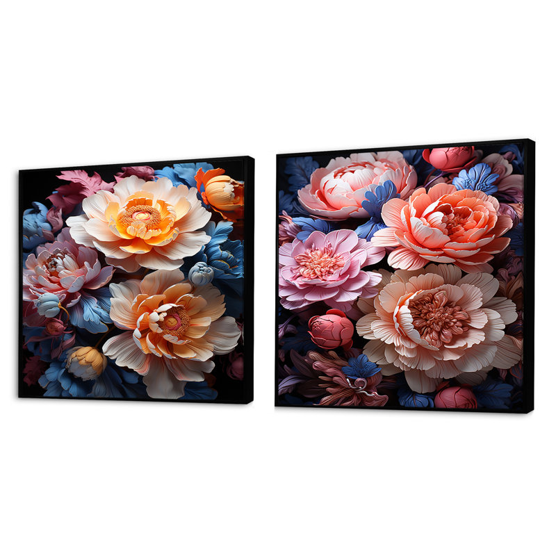 Belles pivoines colorées «Come Alive» - ensemble de 2 pivoines carrées, Cadre flottant noir, H 30 po x l 61 po