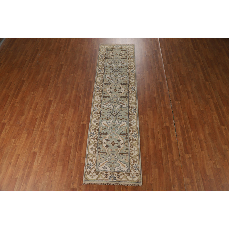 Tapis de couloir oriental fait à la main vert Oushak 3 x 10