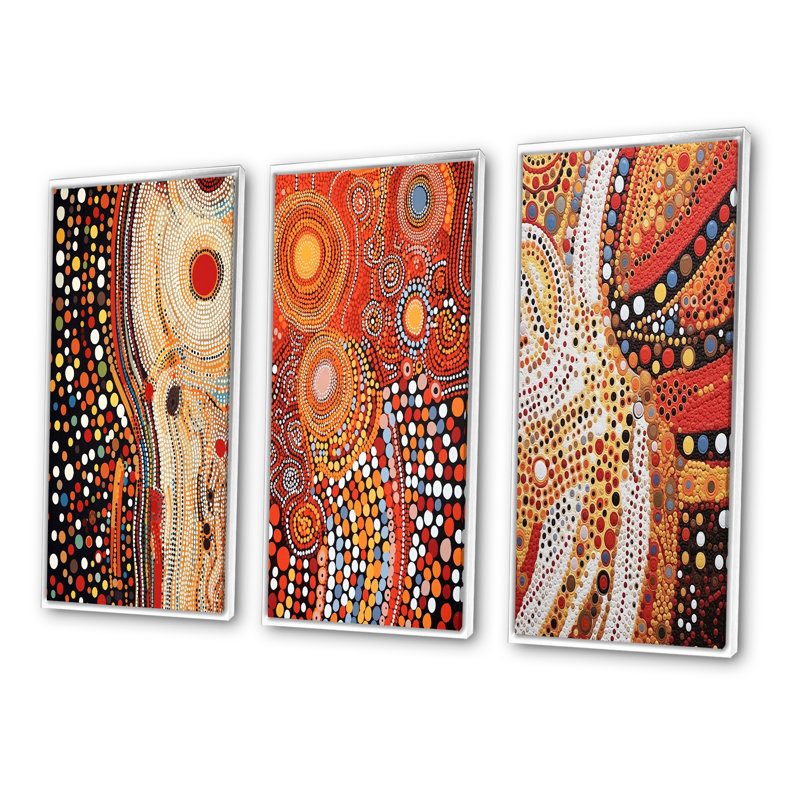 Aboriginal Circular Dot Amber Compositions IV - Transitional Art Set Of 3 Pieces, Cadre blanc, H 28 po x l 36 po