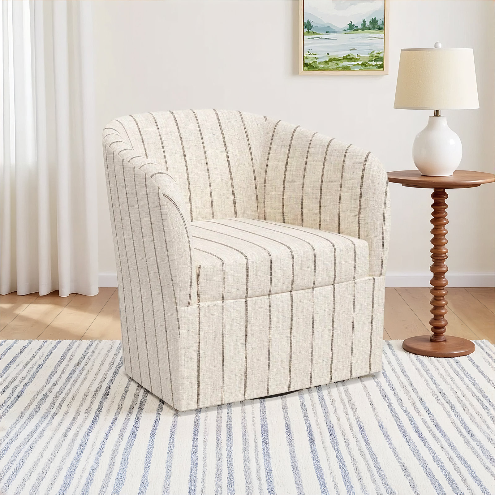 Lesia Upholstered Swivel Barrel Chair, Fritz Charcoal Stripe