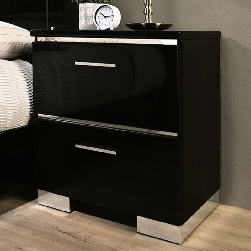 Table de chevet pour chambre à coucher en noir avec placage en bois et prise de courant, Noir