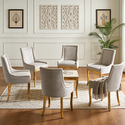 Upholstered Dining Chairs Set of 6, Modern Farmhouse Kitchen Chairs with Chenille Fabric & Gold Stainless Steel Legs, Wingback Accent Chairs with Nailhead Trim, 350lbs Weight Capacity