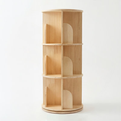 3 Tier Rotating Bookshelf, Round Floor Standing Bookcase with 360° Spinning Design, Wooden Storage Display Shelf for Bedroom, Living Room, Study Room, Natural.