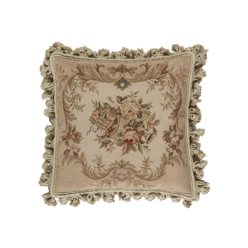 Needlepoint Fringed Reversible Throw Pillow, Beige Floral 5, Square 16"