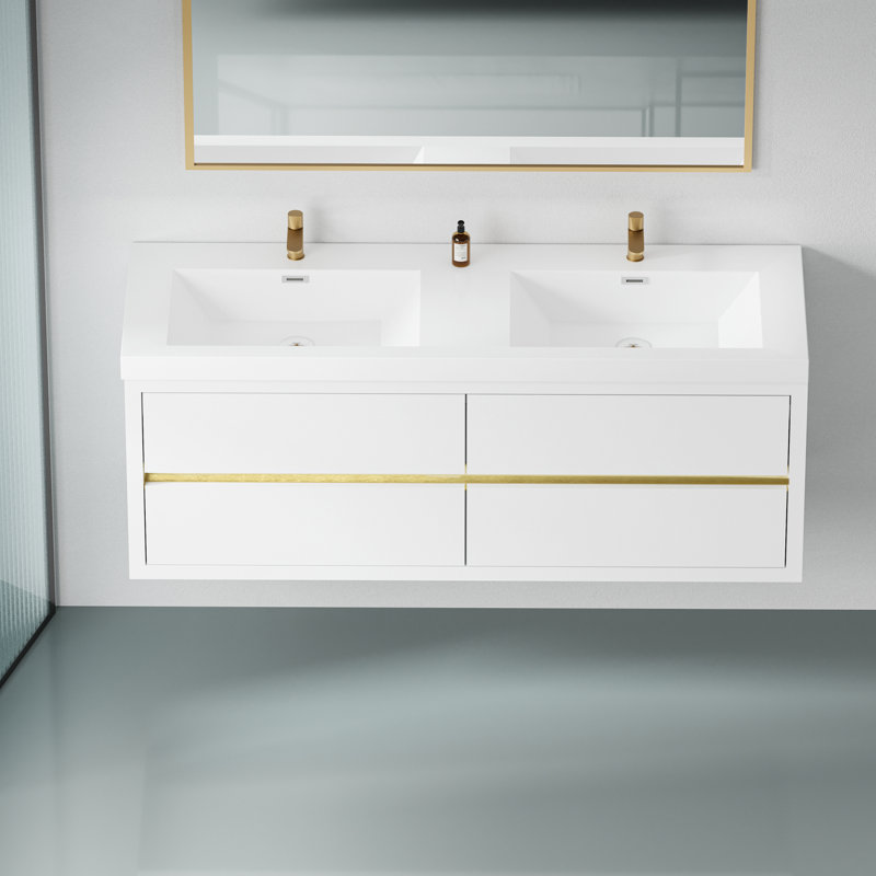 De meuble-lavabo mural moderne blanc brillant avec plateau en résine de pierre et système de rangement à fermeture en douceur