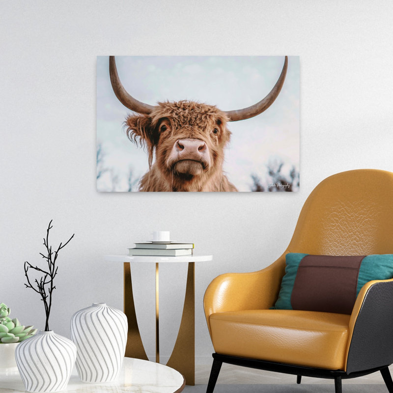 Highland Selfie, portrait de vache contemporain, paysage, H 16 po x l 24 po