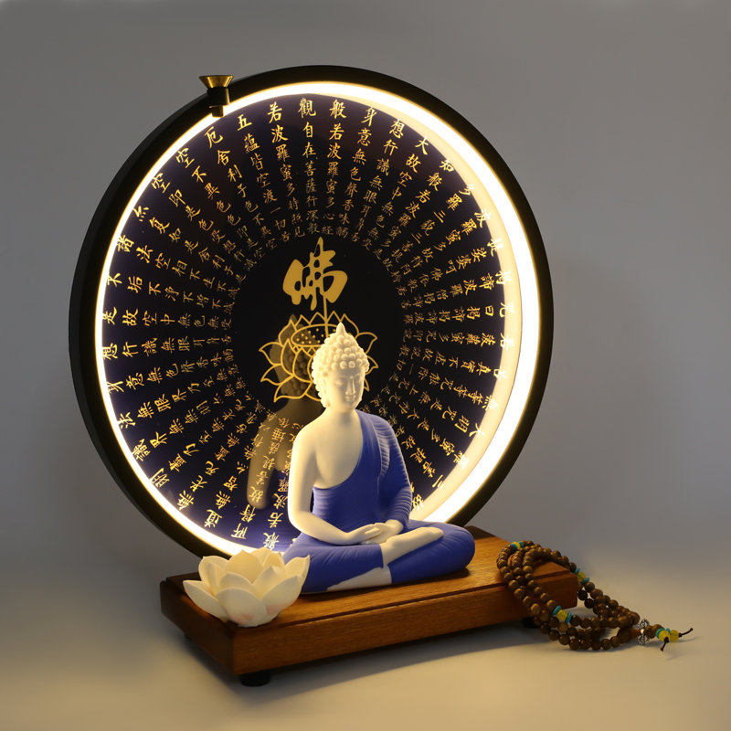 Ceramic Buddha Statue With Circle LED Lamp For Home Décor, Blue