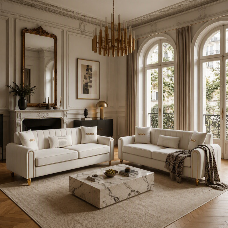 Ensemble de canapé 2 pièces en velours crème moderne, ensemble de canapé de salon luxueux avec pieds en métal doré, canapé-lit à 3 places avec sièges confortables et profonds, mobilier contemporain FX-P11-CW-2PC