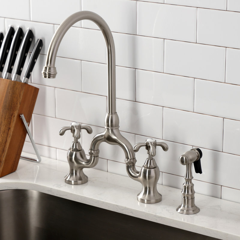 Kingston Brass French Country Two-Handle 3-Hole Deck Mount Bridge Kitchen Faucet with Brass Side Sprayer, Brushed Nickel
