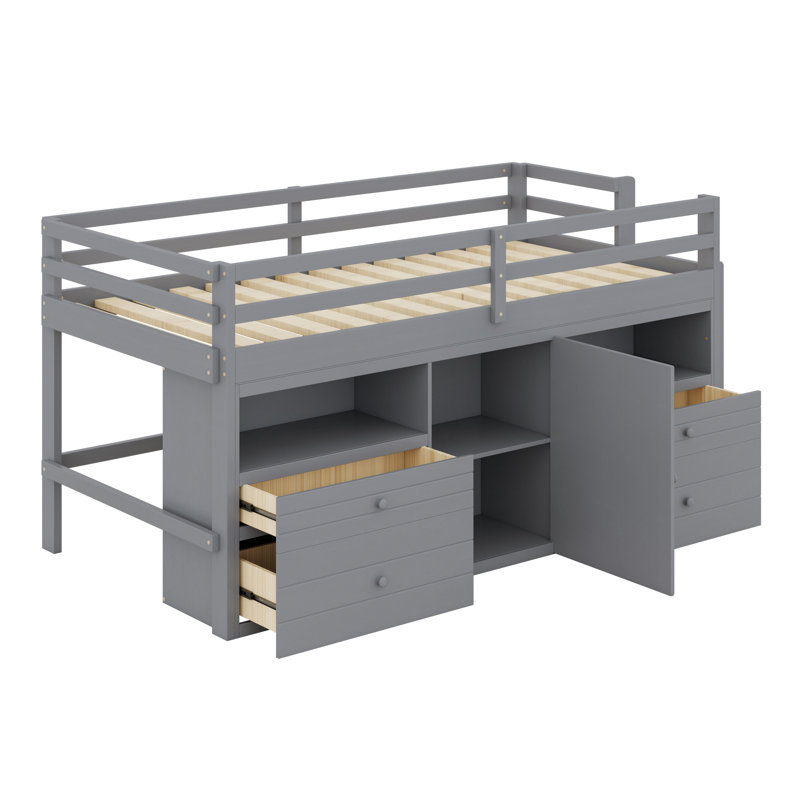 Lit mezzanine avec 4 tiroirs, sous l'armoire et les tablettes, Gris