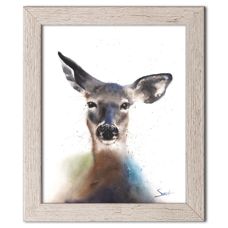 Aquarelle cerf, Papier encadré patiné, H 14 po x l 11 po x P 0,75 po