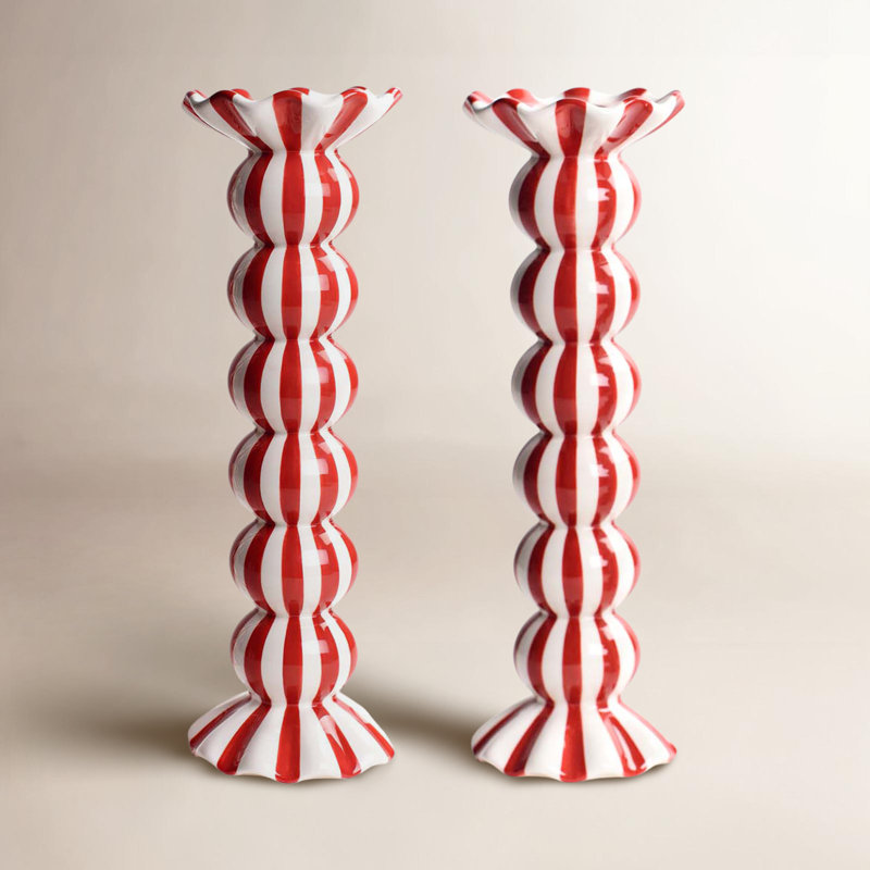 Red Stripe Medium Ruffle Knobbed Candle Holder Set Of 2, 10.5" H x 3.5" W x 3.5" D
