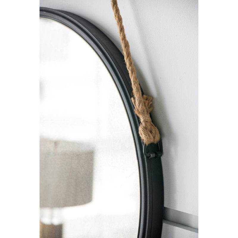 Miroir rond 29,5 po avec cadre en métal noir et corde robuste pour la salle de bain