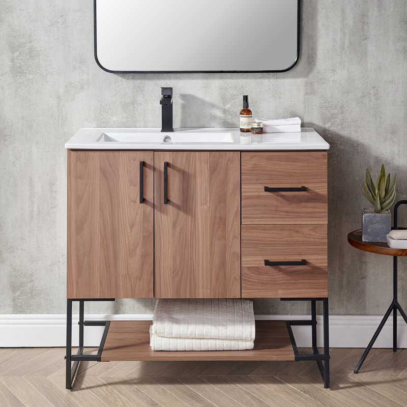 Pascasia 36" Walnut Modern Free-standing 2-Door&2-Drawer Bathroom Vanity Set