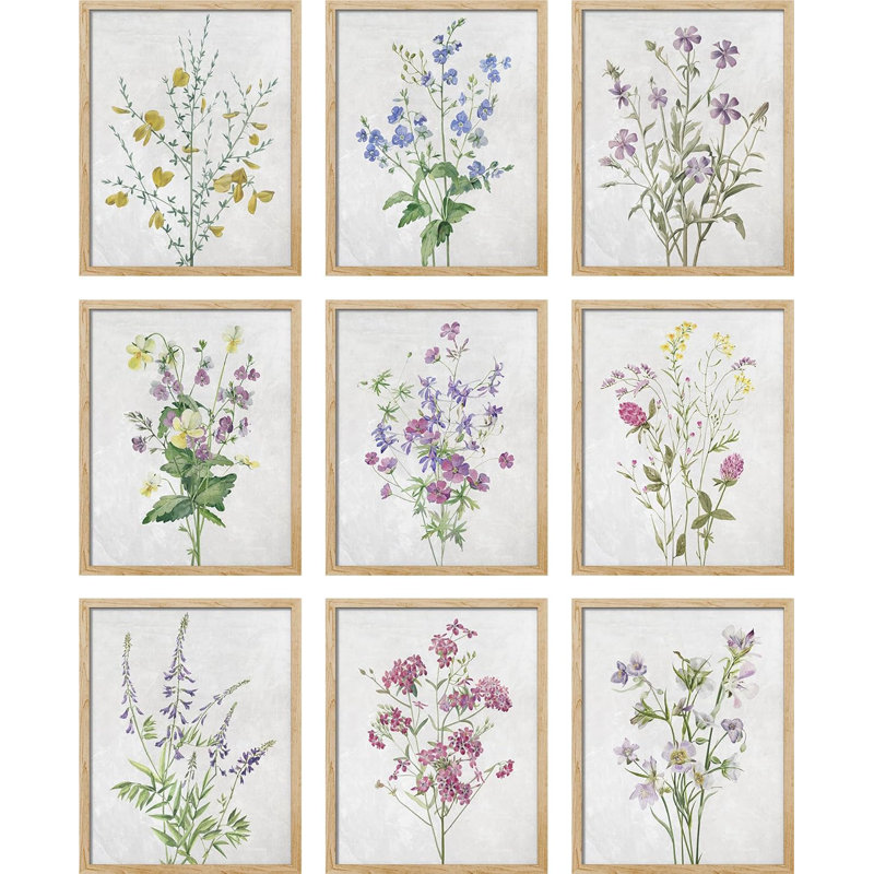 Bouquet de fleurs sauvages colorées botaniques colorées, impression sur papier 9 pièces, L 8 po x H 10 po, Encadré naturel
