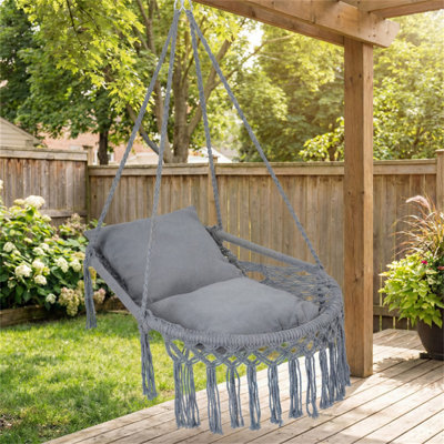 Boho Macrame Hanging Swing Chair With 2 Removable Cushions, 330 Lbs Weight Capacity, 2 Hanging Options Foldable Indoor Outdoor Hammock Chair