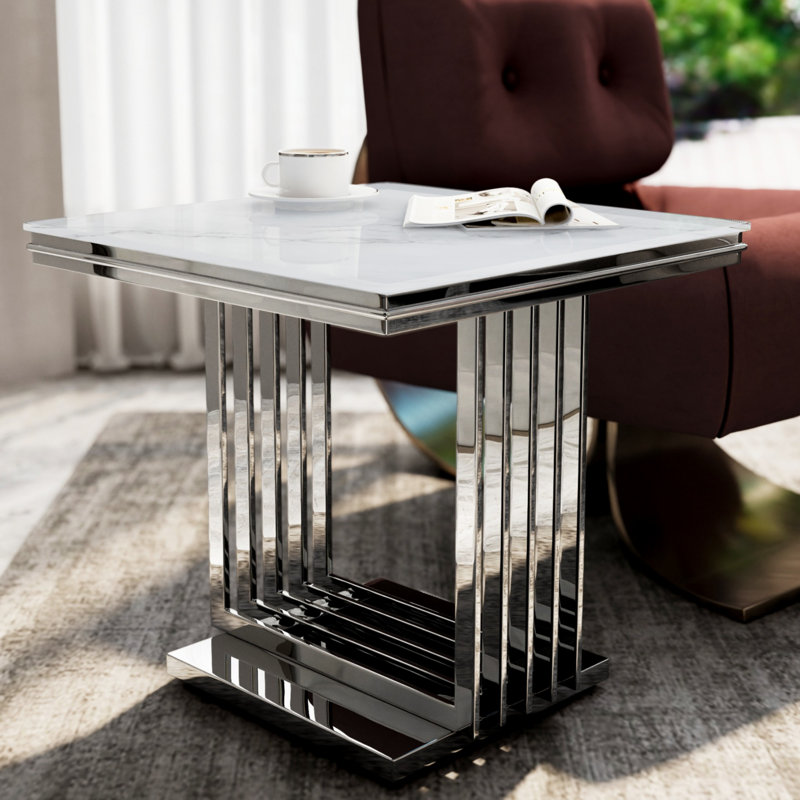 Table de bout en verre 24 po, Plateau blanc / base argent