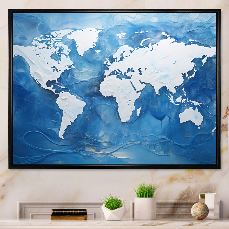 «Majestic Meridians Blue World Map I», reproduction sur toile, H 16 po x l 32 po x P 1 po, Cadre flottant noir
