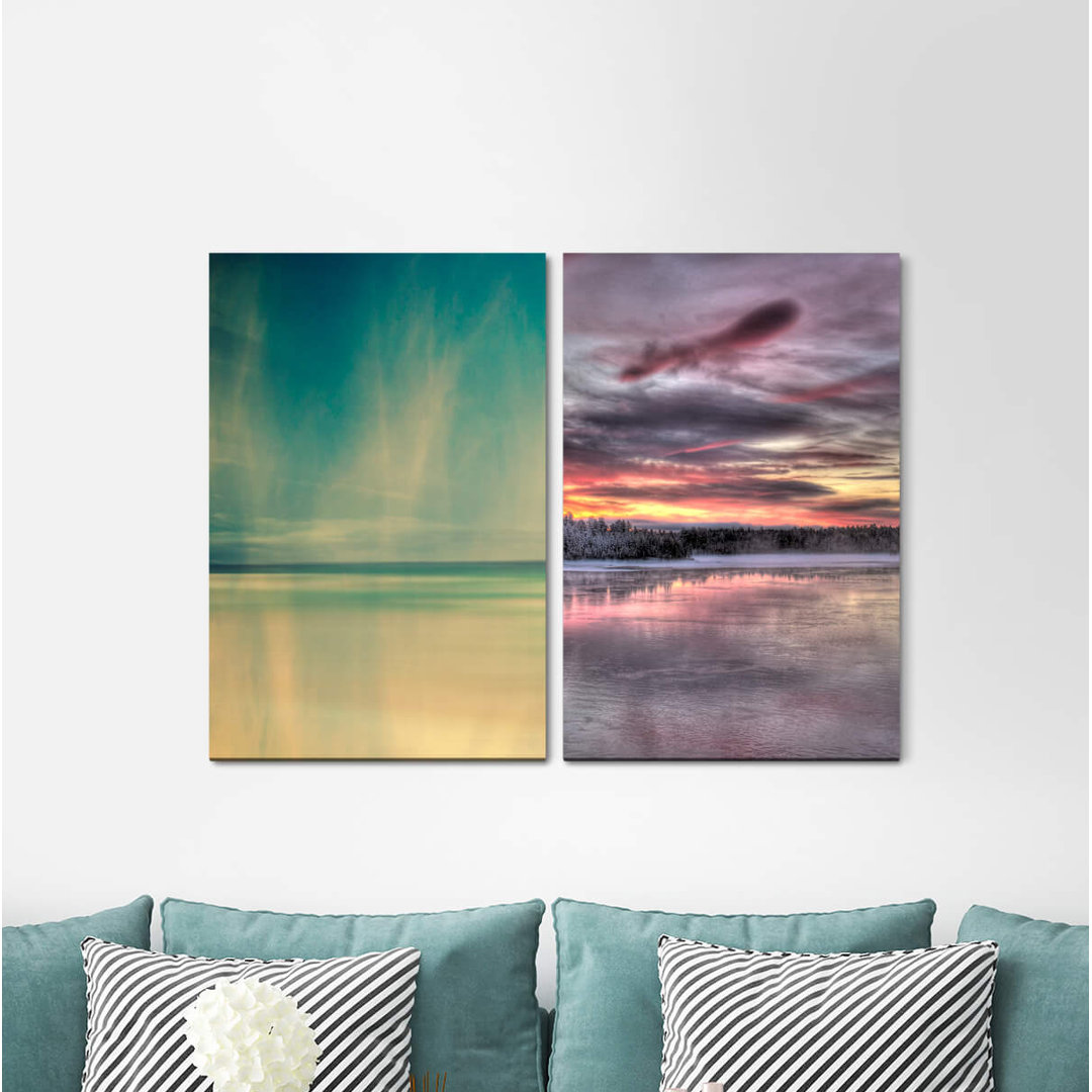 2-tlg. Leinwandbilder-Set - Grafikdruck „Lake Winter Fir Trees Clouds Horizon Alaska Nature”