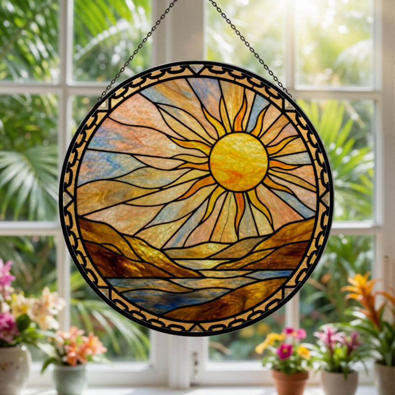 Panneau de vitrail 12 "H Sunset Landscape, H 12 po x l 12 po