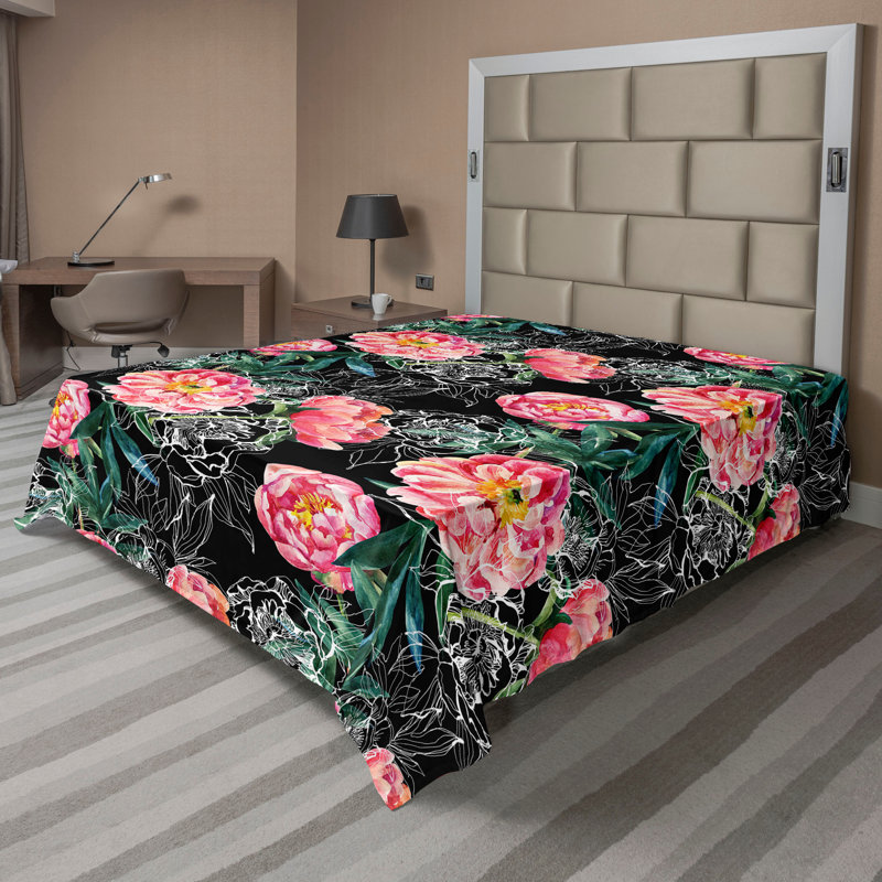 Ambesonne Tropical Flat Sheet Exotics Leafy Pattern Art California, King Flat Sheet, Dark Coral Green Floral
