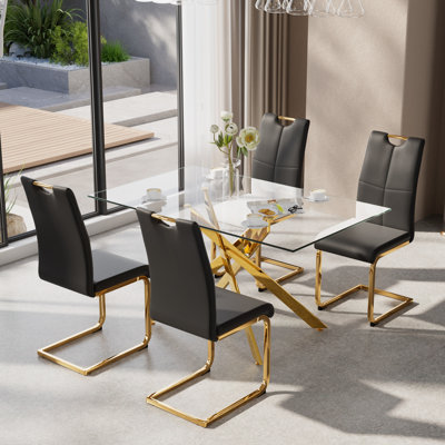 51inch Glass Dining Table Set, Modern Kitchen Table Set with High-Back PU Leather Upholstered Chair for Kitchen Dining Room