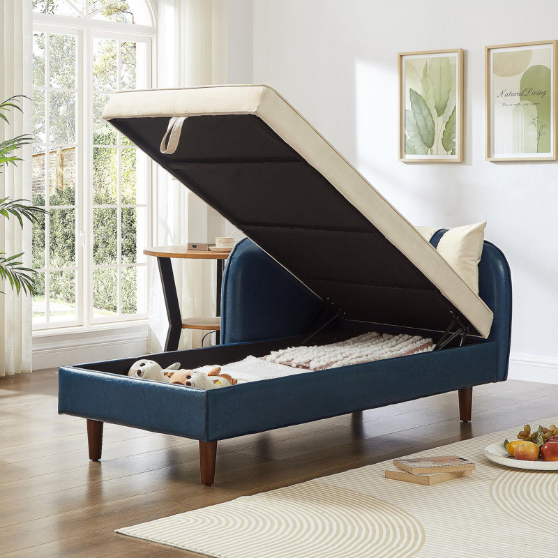 65" Storage Chaise Lounge Sofa Navy Blue PU And Beige Velvet, Beige/Blue