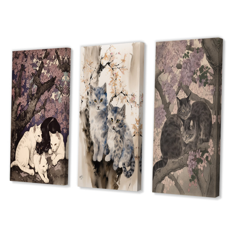 White Cats And Black Cat Sleeping Under Tree - Animals Cat Art Set Of 3 Pieces, Toile tendue, H 20 po x l 36 po