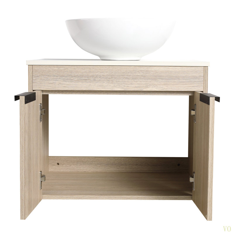 Meuble-lavabo flottant de 36 po au design moderne avec lavabo d'art en céramique, plaque de pierre plate et petites tablettes de rangement, porte à fermeture douce, ensemble KD