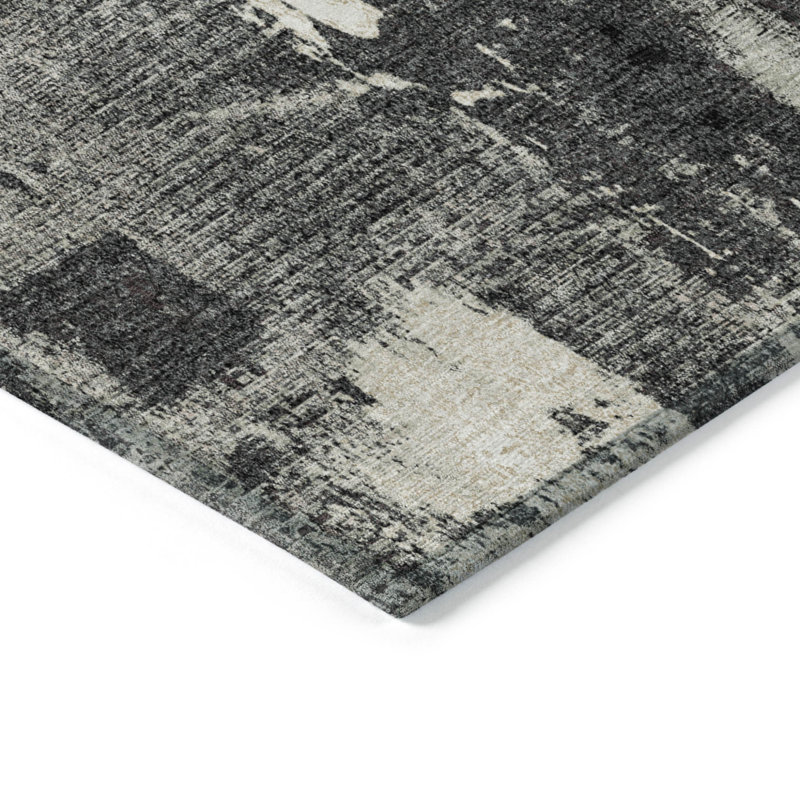 Tapis intérieur lavable abstrait 3 pi x 5 pi noir et gris