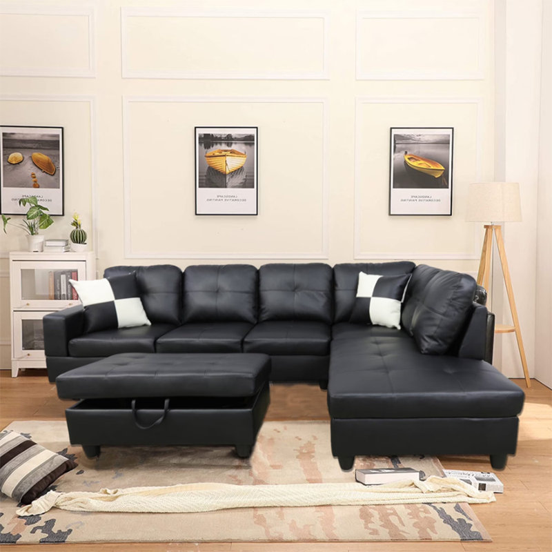 3-piece Faux Leather L-shape Leather Sectional, Black Faux Leather